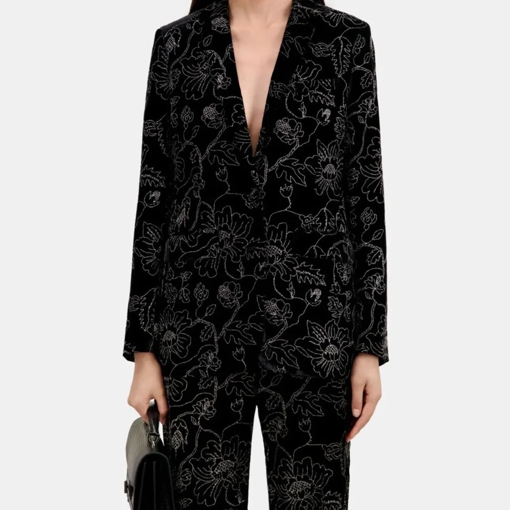 NWT | The Kooples | Black Velvet Trousers with Embroidered Metallic Floral Print - Picture 6 of 11